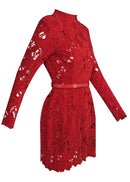 Geyera Long Sleeve Crochet Mini Dress In Red