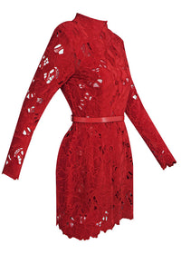 Geyera Long Sleeve Crochet Mini Dress In Red