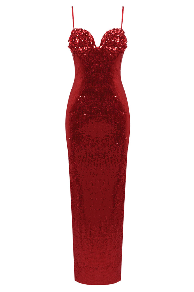 Christmas Sequin Strap Floral Backless Maxi Dress In Red