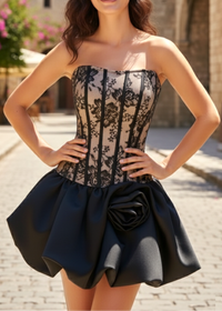 Poseidon Strapless Floral Lace Corset Puff Mini Dress In Black