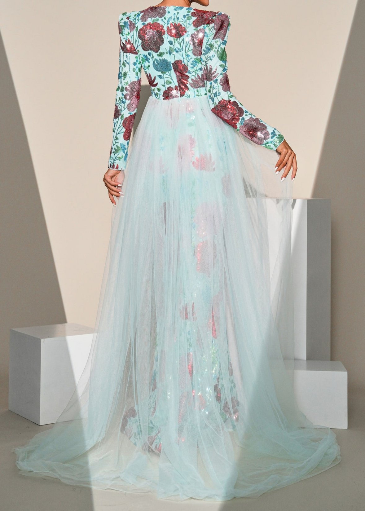 Kadience Long Sleeve Floral Print Sequin Maxi Dress In Green