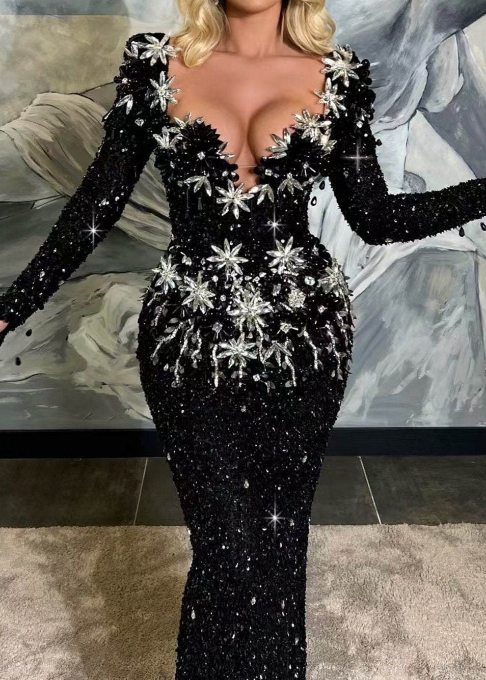 Tsanko Long Sleeve Crystal Sequin Maxi Dress In Black