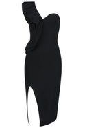 Leyna Ruffle One Shoulder Midi Dress In Black