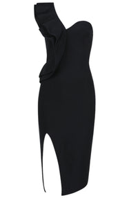 Leyna Ruffle One Shoulder Midi Dress In Black