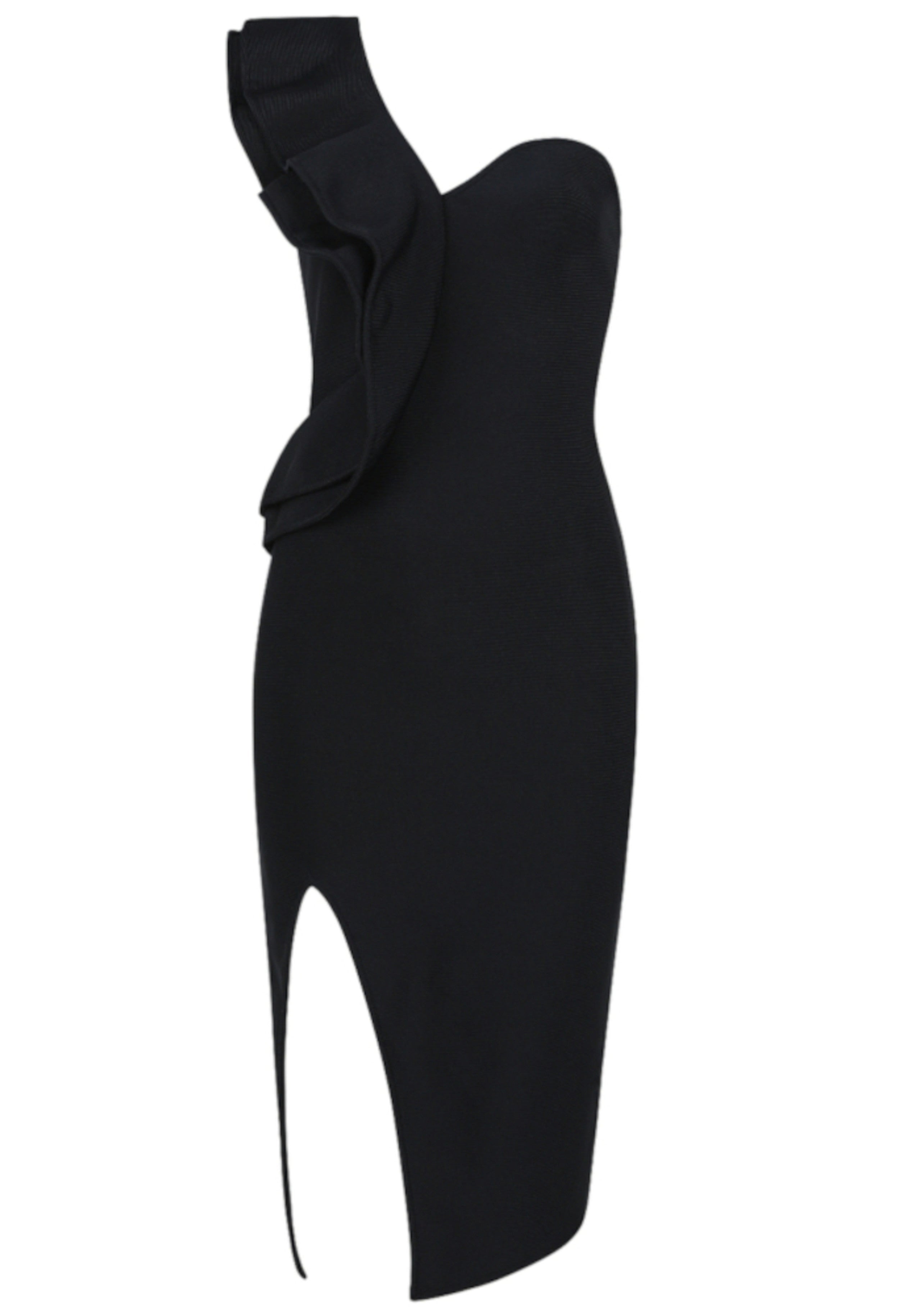 Leyna Ruffle One Shoulder Midi Dress In Black