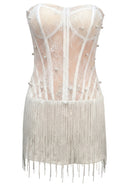 Imaginer Strapless Lace Tassel Mini Dress In White