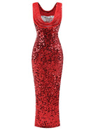Cambrie Draped Sequin Maxi Dress In Red Silver