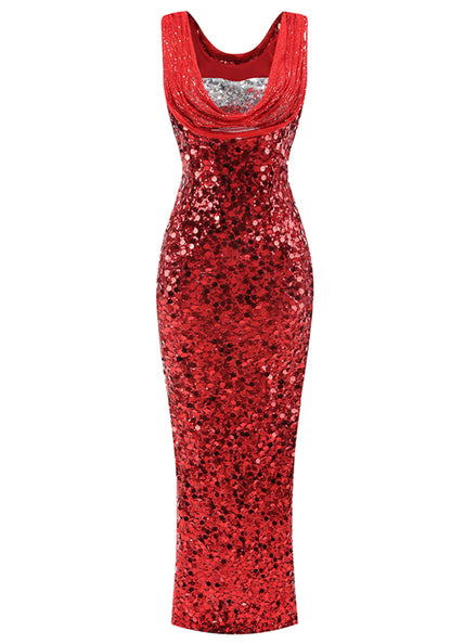 Cambrie Draped Sequin Maxi Dress In Red Silver