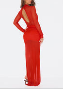 Ndoki Draped Split Mesh Maxi Dress In Red