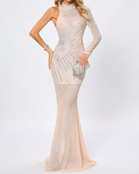 Harini One Sleeve Embellished Mesh Maxi Dress In Nude