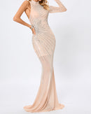 Harini One Sleeve Embellished Mesh Maxi Dress In Nude