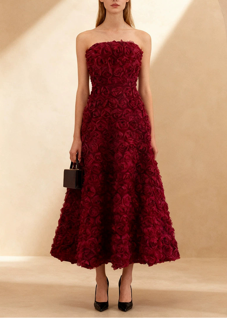 Ionocraft Strapless Floral A Line Midi Dress In Red