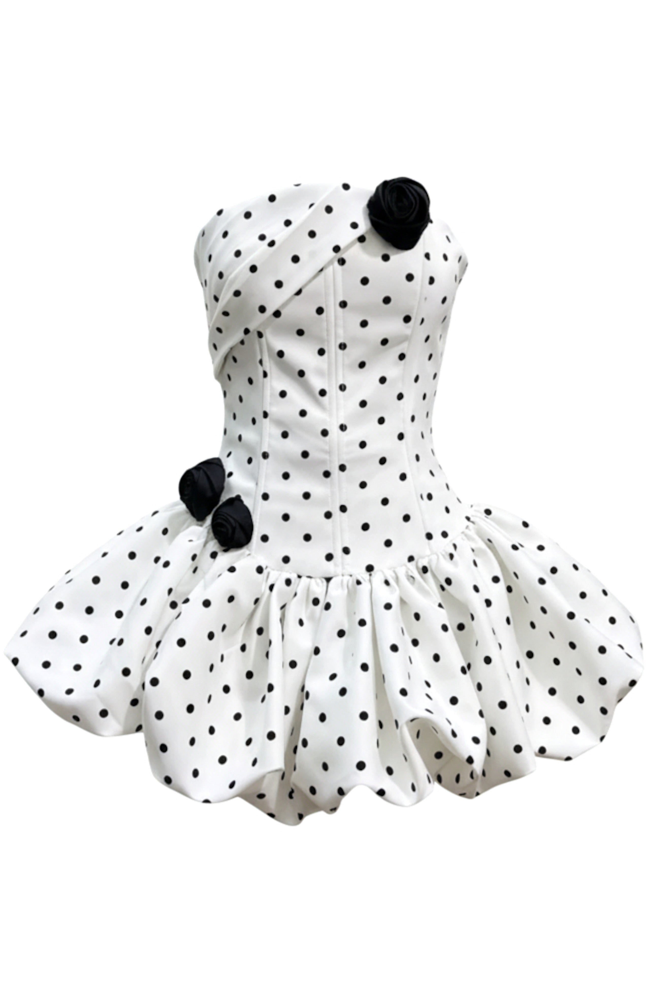 Ahanu Polka Dot Strapless Floral Corset Puff Mini Dress In White