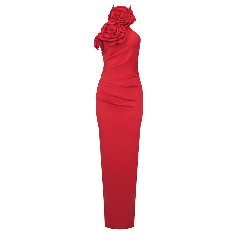 Dalary Red Floral Ruched Halter Maxi Dress