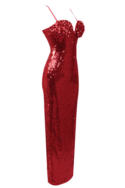 Christmas Sequin Strap Floral Backless Maxi Dress In Red