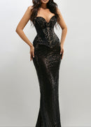 Crythia Strapless Lace Sequin Maxi Dress In Black
