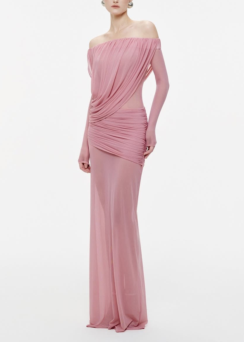 Cryxel Off-Shoulder Draped Mesh Maxi Dress In Pink