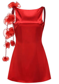 Glyxen Backless Flower Satin Mini Dress In Red