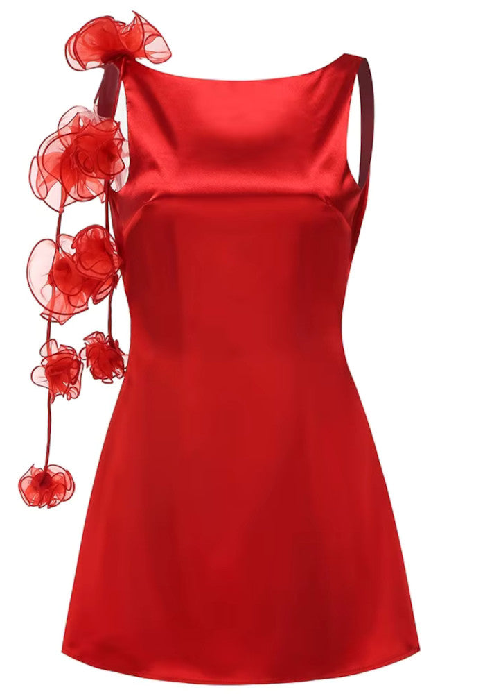Glyxen Backless Flower Satin Mini Dress In Red