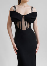 Veerle Bow Bustier Structured Mesh Maxi Dress In Black