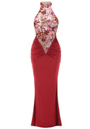 Kyxara Halter Floral Sequin Embroidered Maxi Dress In Green