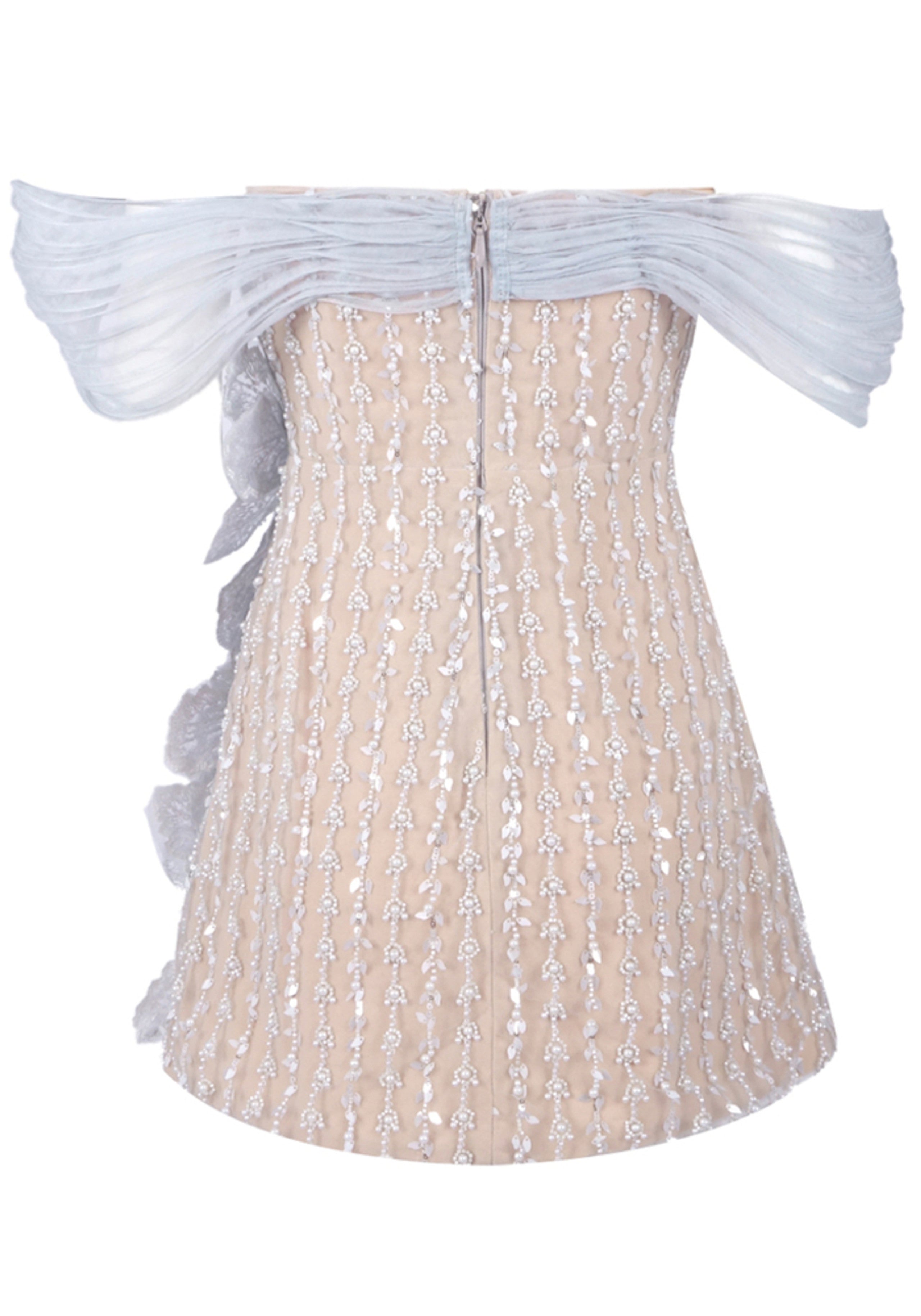 Yryviel Floral Bardot Crystal Mini Dress In Nude