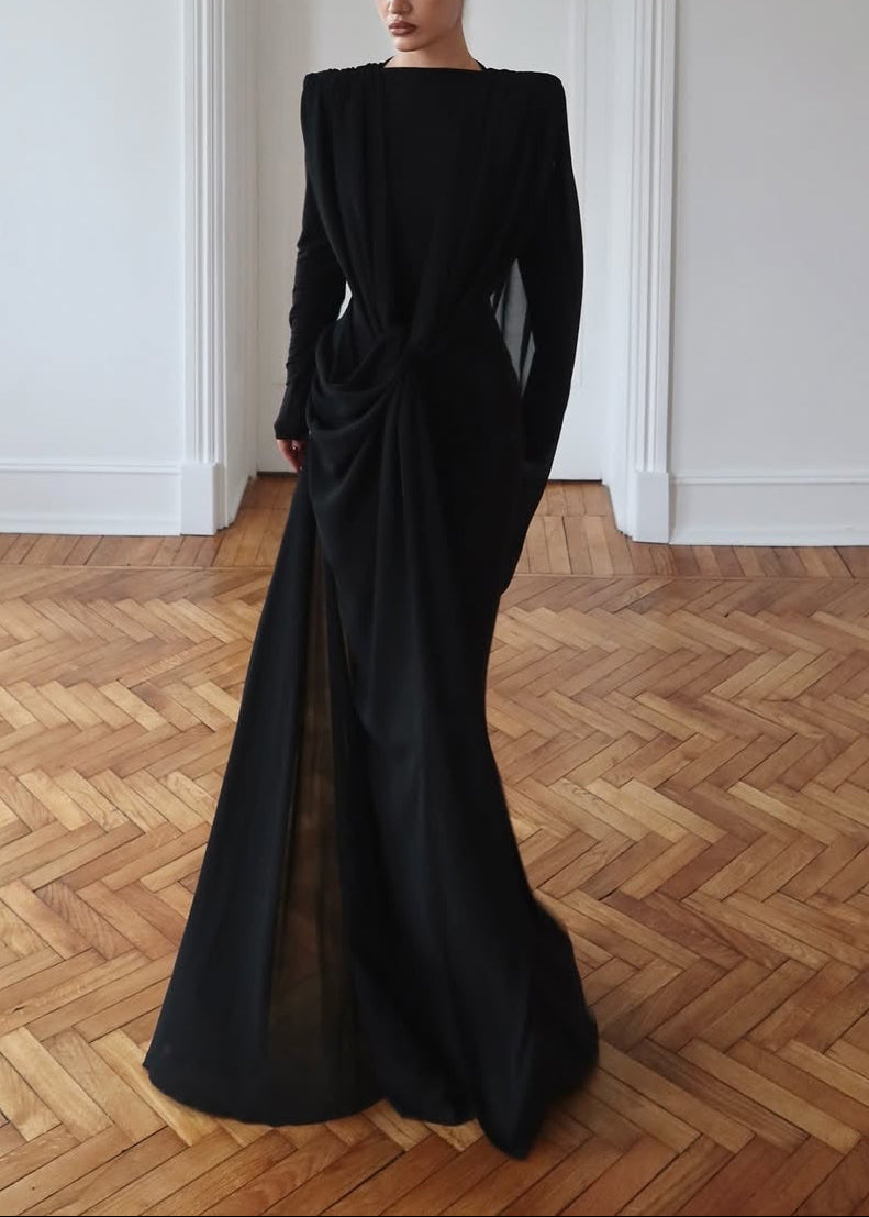 Drynthos Long Sleeve Draped Design Maxi Dress In Black