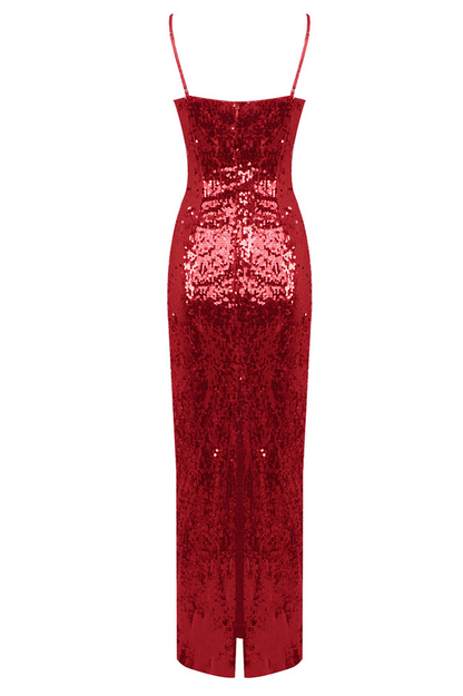 Christmas Sequin Strap Floral Backless Maxi Dress In Red