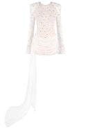 Jyrithia Long Sleeve Draped Sequin Lace Mini Dress In White