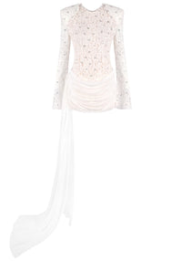 Jyrithia Long Sleeve Draped Sequin Lace Mini Dress In White