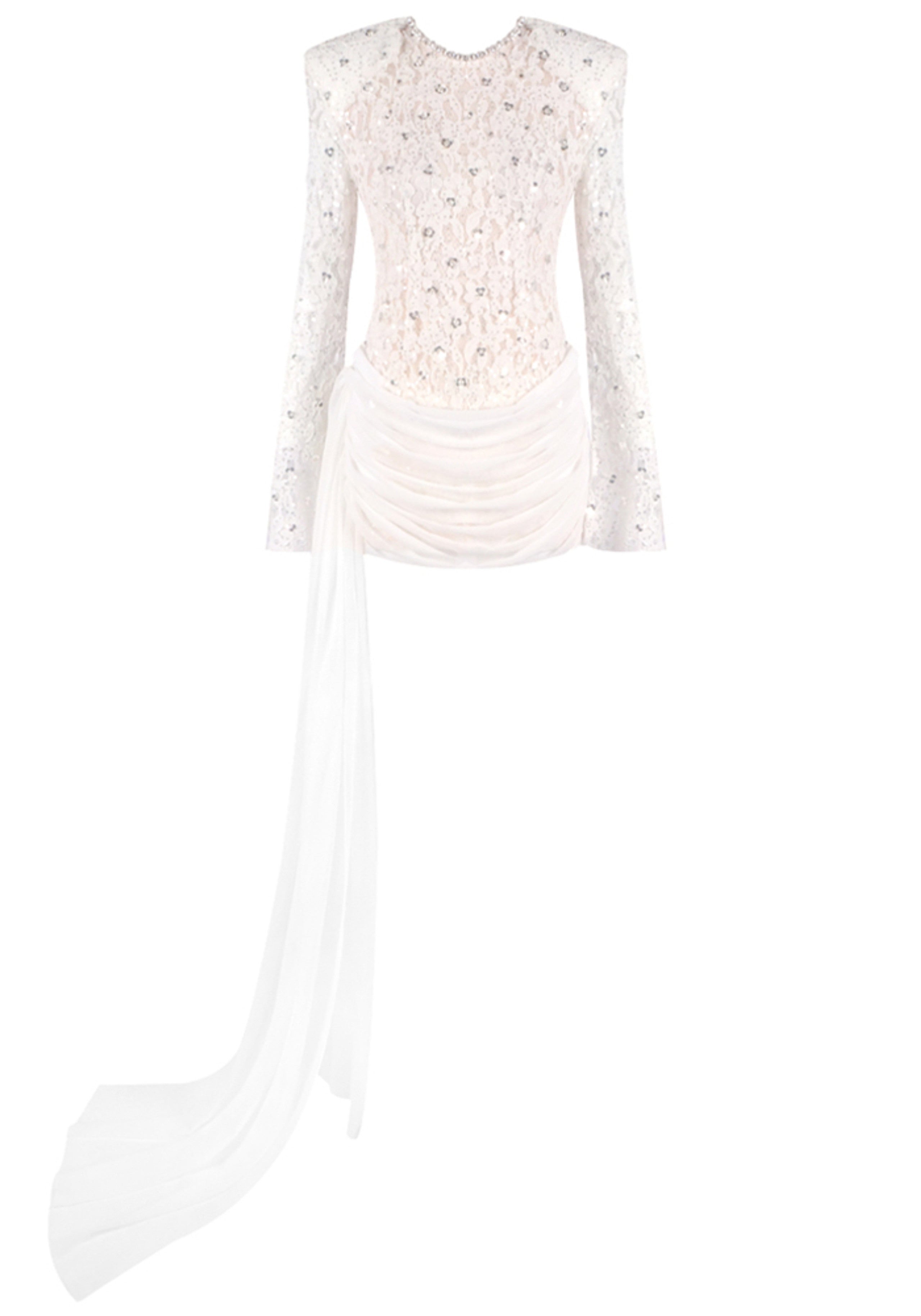Jyrithia Long Sleeve Draped Sequin Lace Mini Dress In White