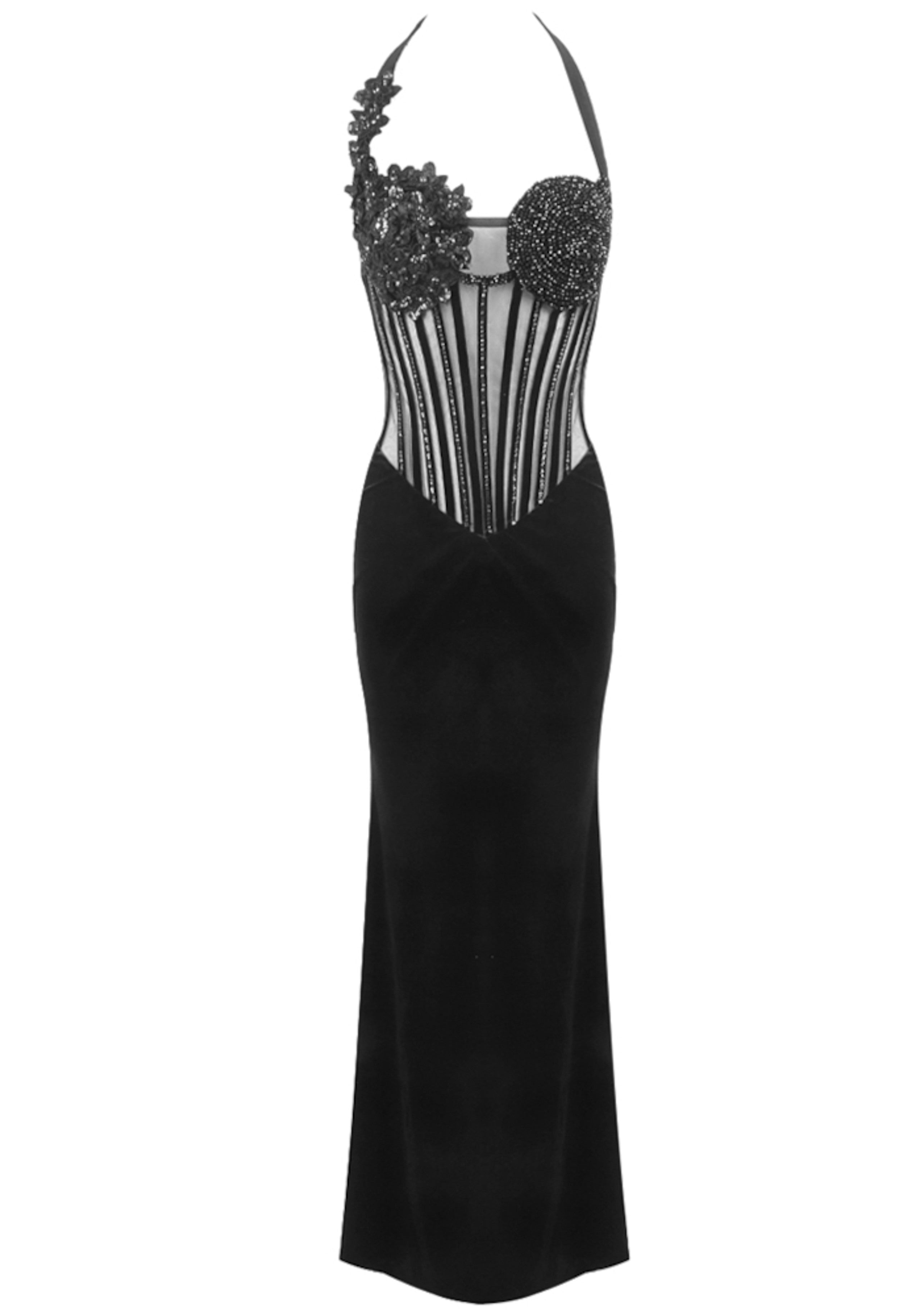 Afanen Sequin Floral Corset Maxi Velvet Dress In Black