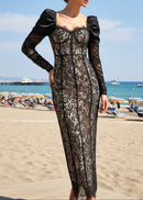 Farhad Puff Long Sleeve Lace Maxi Dress In Black