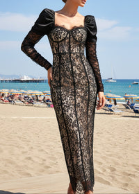 Farhad Puff Long Sleeve Lace Maxi Dress In Black