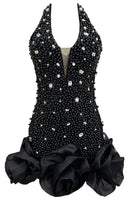 Jyrene Halter Embellished Floral Hem Mini Dress In Black