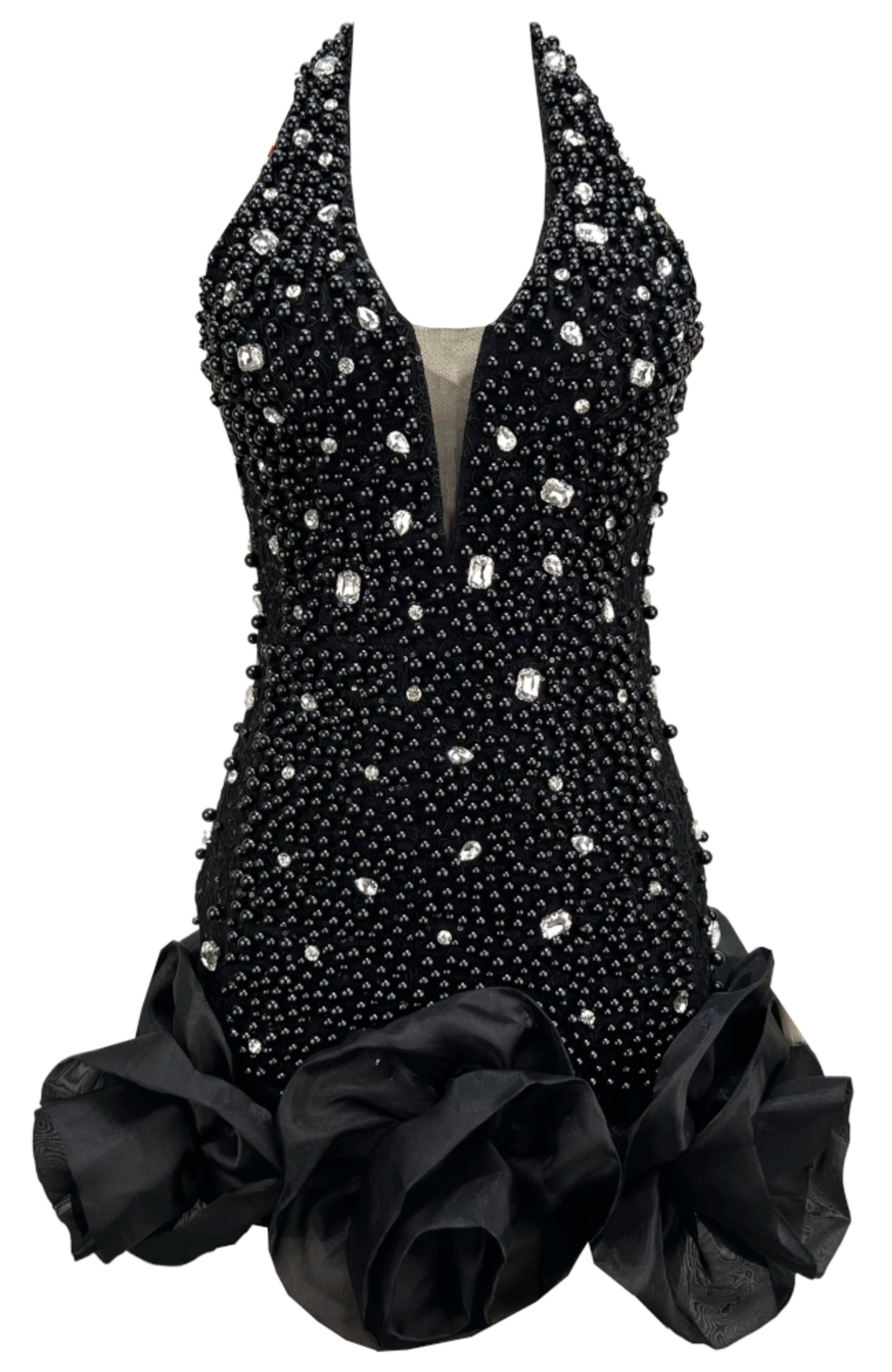 Jyrene Halter Embellished Floral Hem Mini Dress In Black