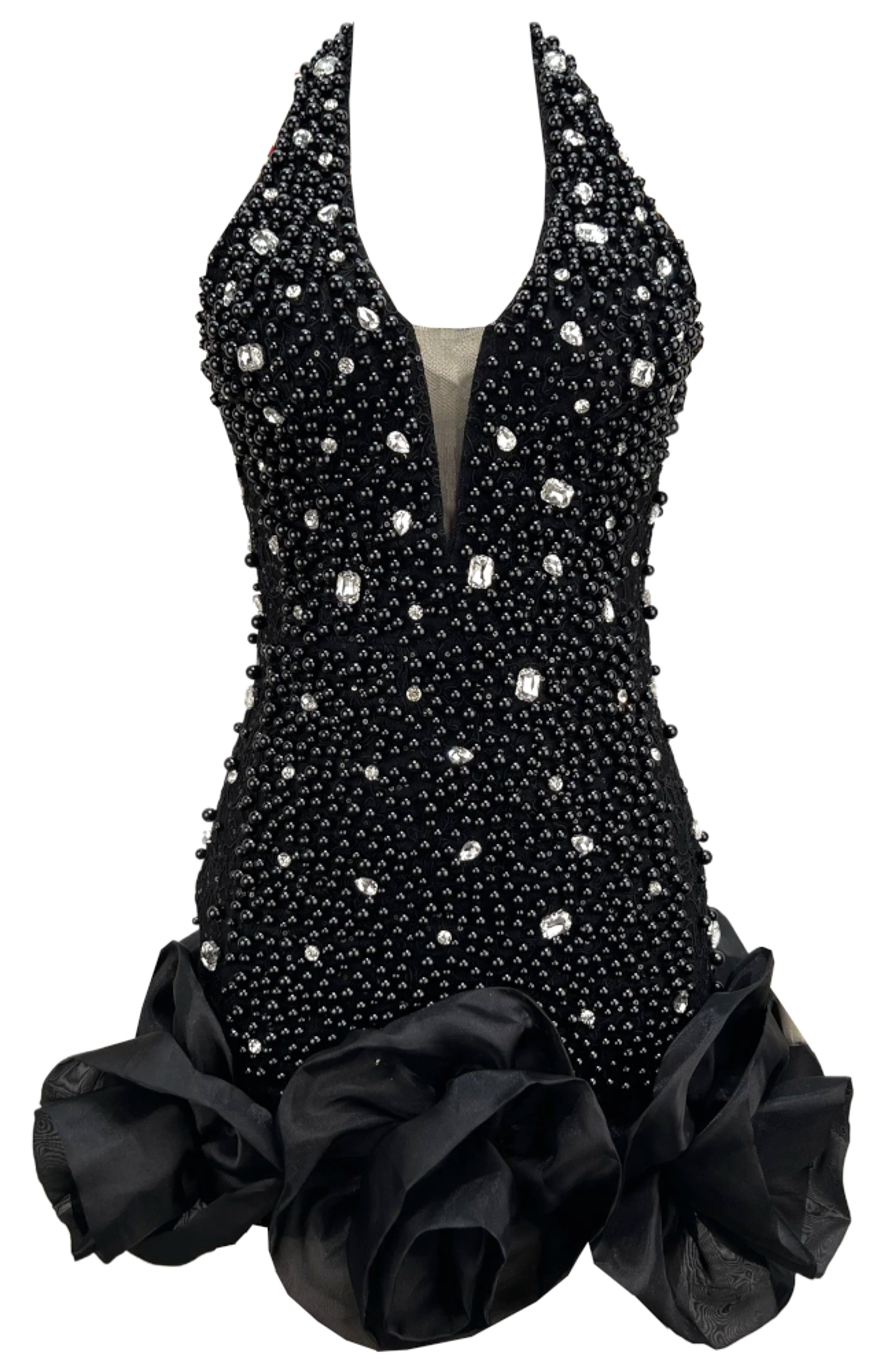 Jyrene Halter Embellished Floral Hem Mini Dress In Black