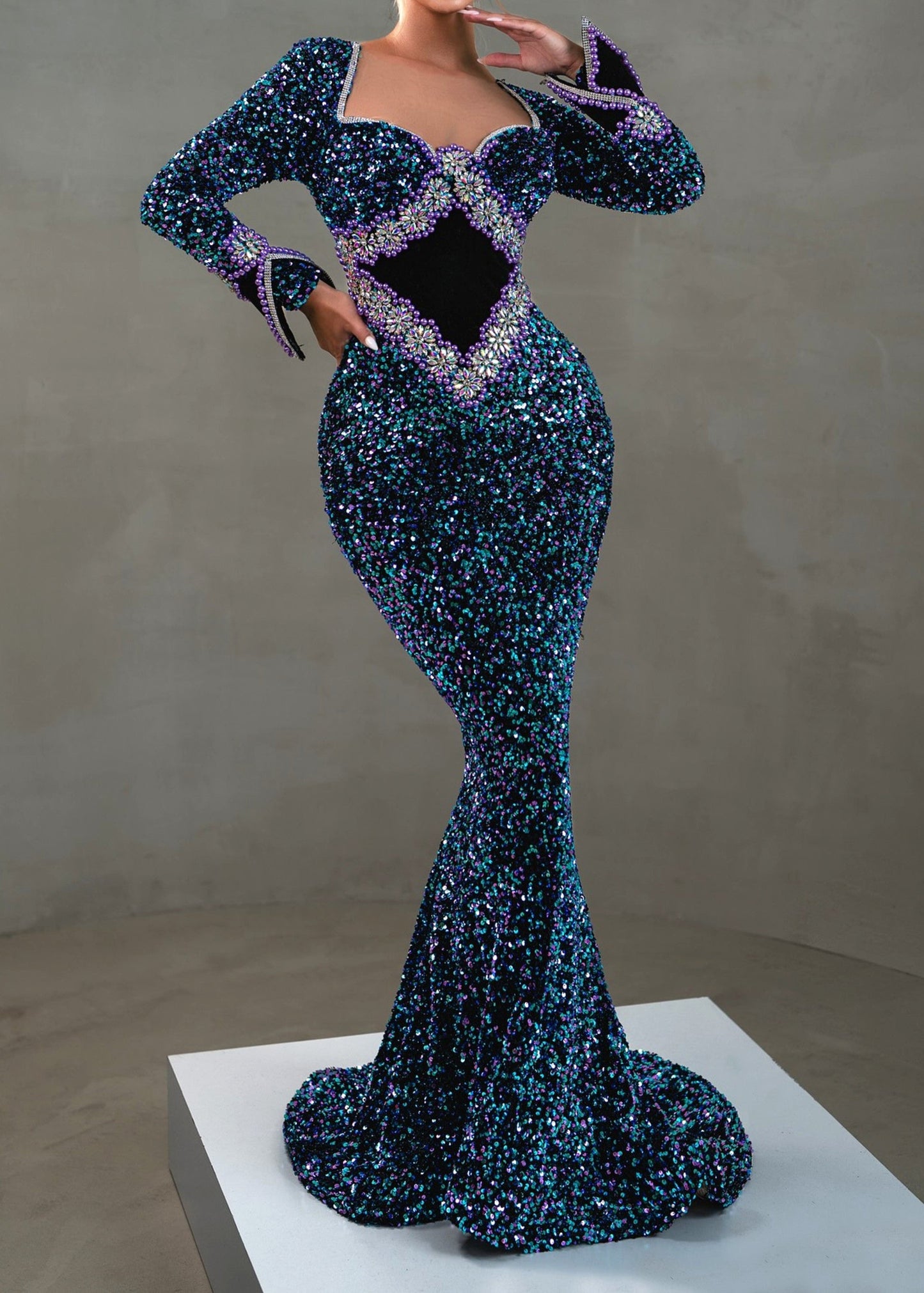 Calixto Long Sleeve Crystal Sequin Mermaid Maxi Dress In Blue