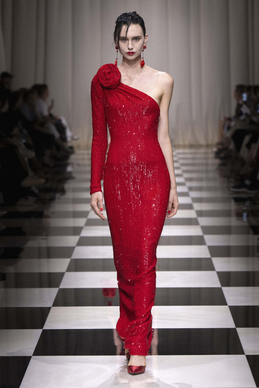 Kensley One-Shoulder Floral Sequin Maxi Dress In Red