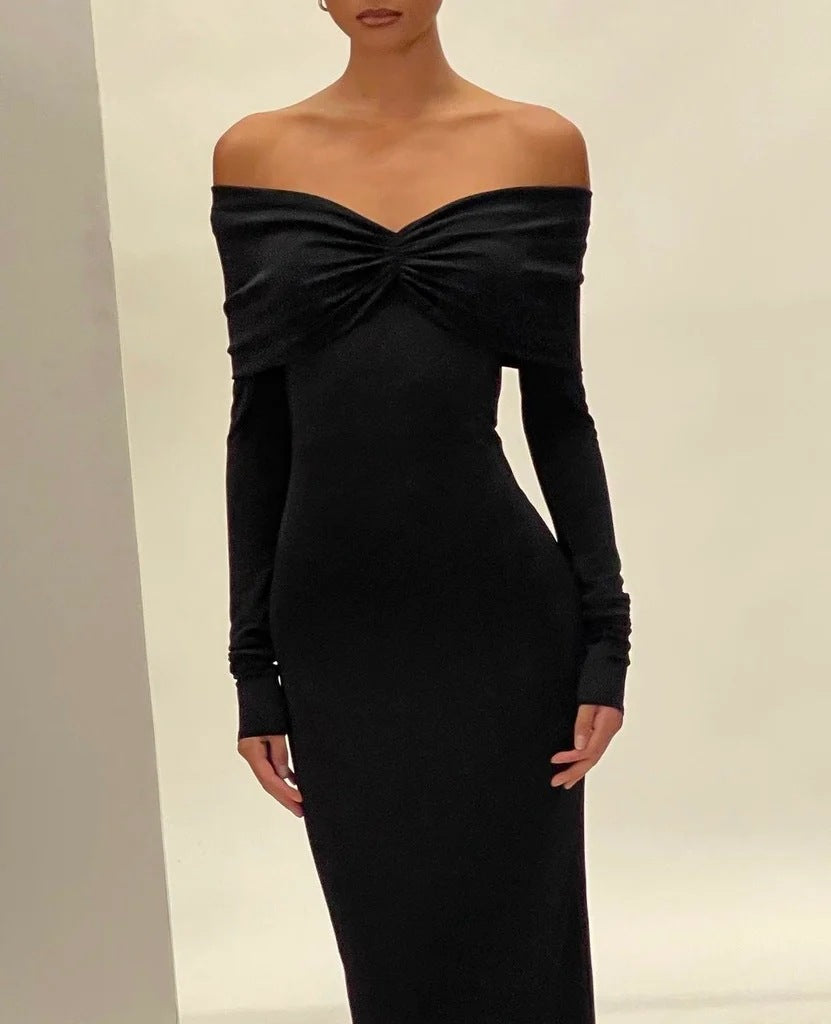 Jillie Off-The-Shoulder Strapless Smocked Maxi Dress In Black Night Novas Jillie Off-The-Shoulder Strapless Smocked Maxi Dress In Black Night Novas