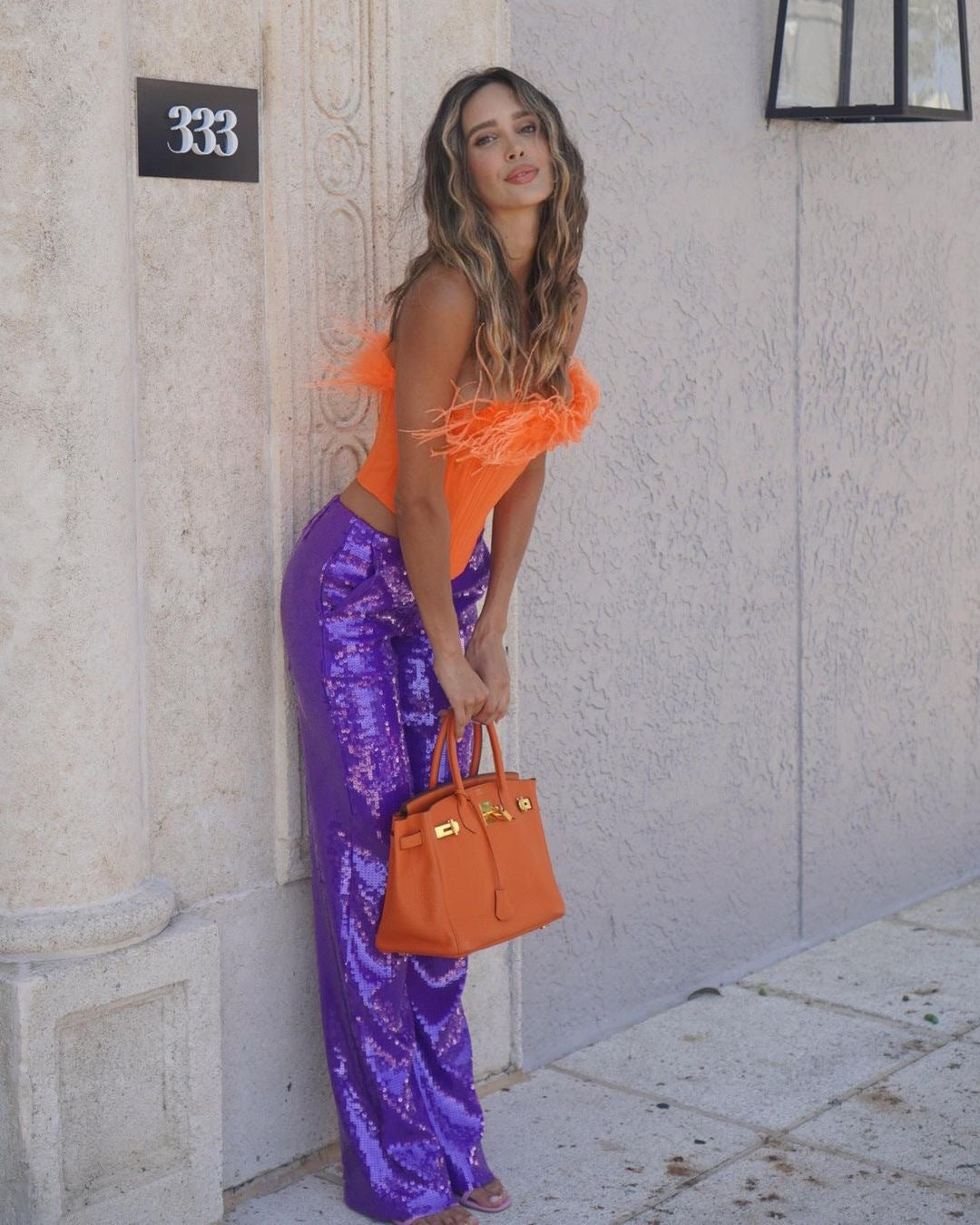Juhan Orange Feather And Purple Sequined Trousers Two-Piece Set