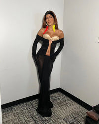 Gloria Long Sleeve Bustier Ruched Mesh Maxi Dress In Black