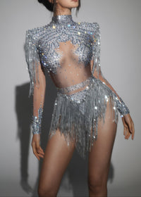 Paniz Rhinestone Fringe Bodysuit In Silver