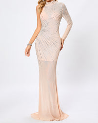 Harini One Sleeve Embellished Mesh Maxi Dress In Nude