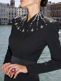 Gyron Long Sleeve Embellished Neck Maxi Dress In Black