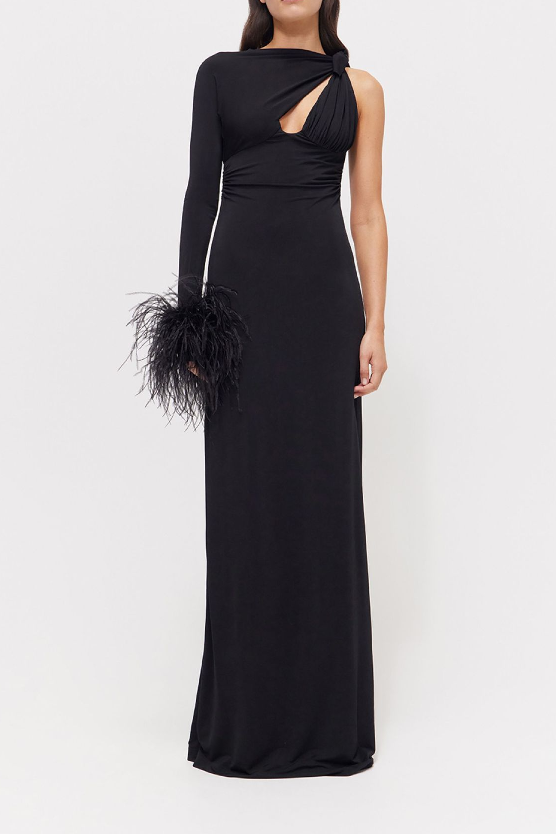 Sachi One Sleeve Feather Maxi Dress In Black