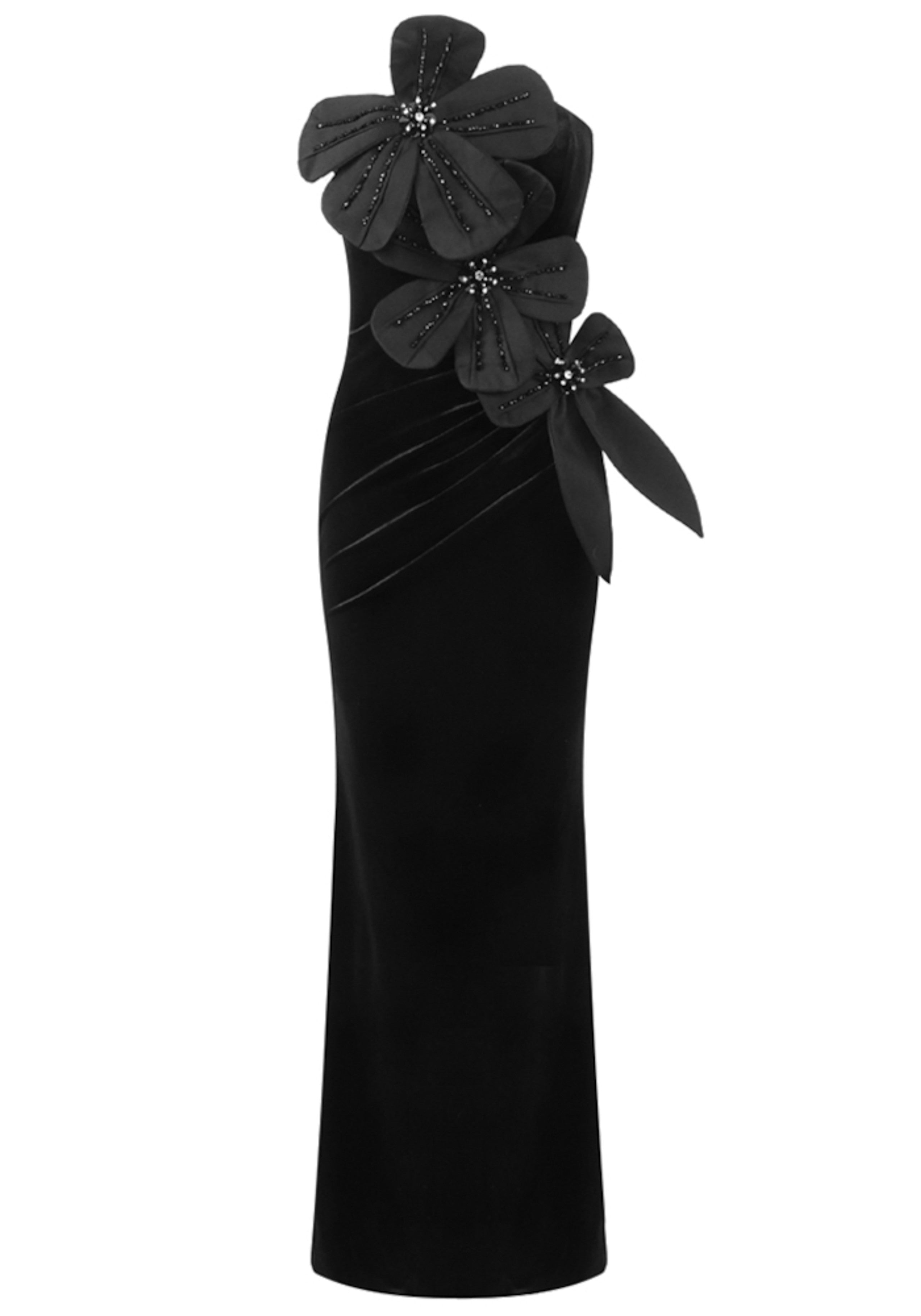Lyman Strapless Floral Detail Maxi Velvet Dress In Black