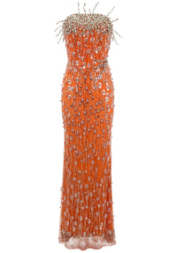 Roselani Strapless Crystal Maxi Dress In Orange