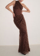 Minya One Shoulder Draped Lace Maxi Dress In Brown