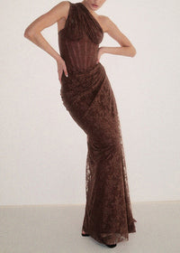 Minya One Shoulder Draped Lace Maxi Dress In Brown